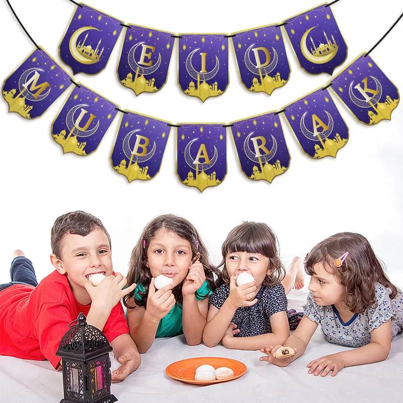 ИД Мубарак баннер Звезда Луна письмо бумажные флажки гирлянда флаг исламский