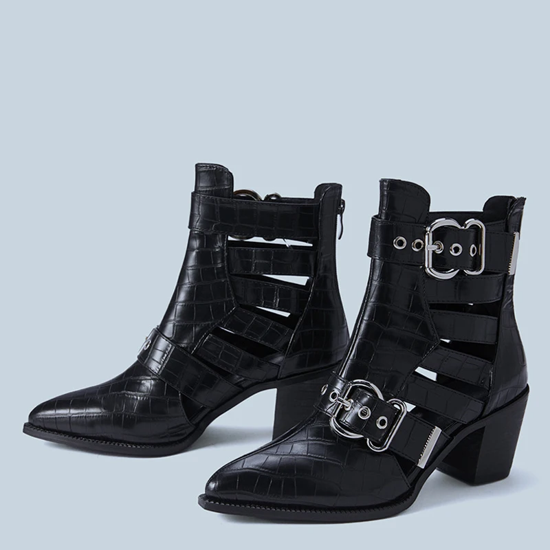 

2022 New Autumn Pointed Toe Hollow Out Cowboy Boots For Women Fashion Double Buckle Design Low Square Heels Western Shoes