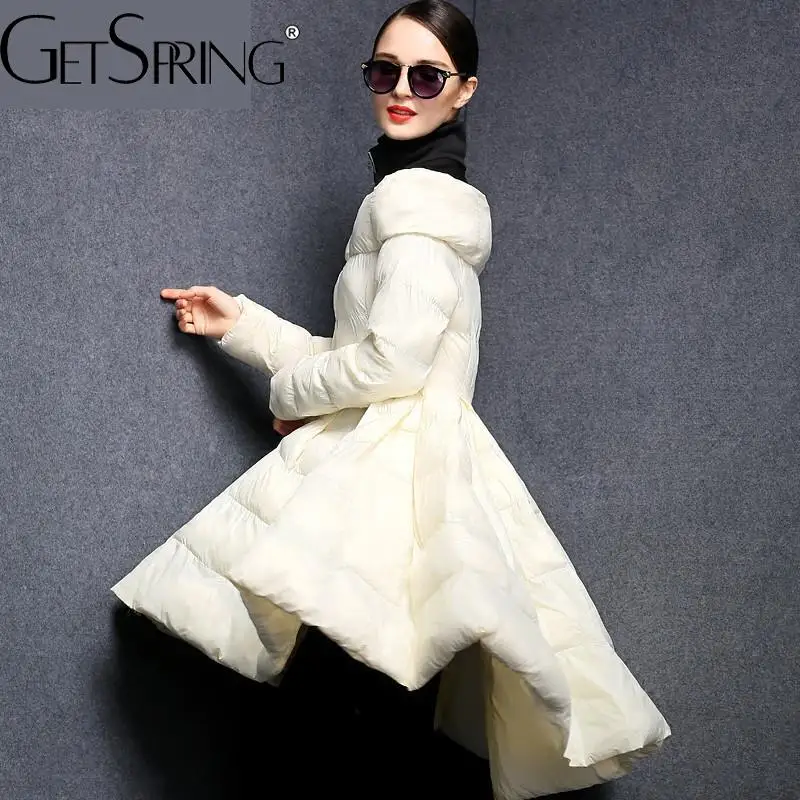 

GetSpring Women Down Coat Stand Collar Full Sleeve High Waist Large Hem Long Down Jackets Women's Winter Warm Overcoat 2022 New