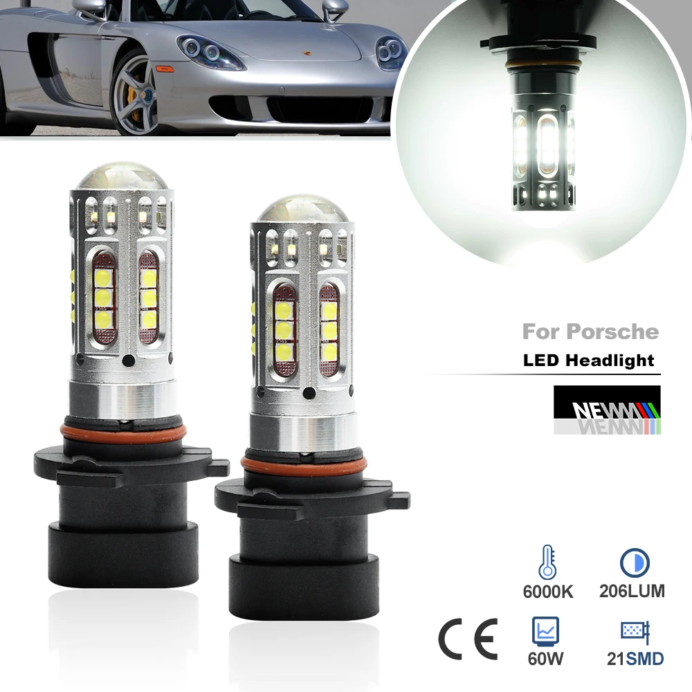 Автомобильные передние светодиодные фары дальнего света для Porsche Carrera GT 2004 2005 2006 9005XS HB3A P22d Canbus налобный фонарь в сборе Kit, 2 шт.