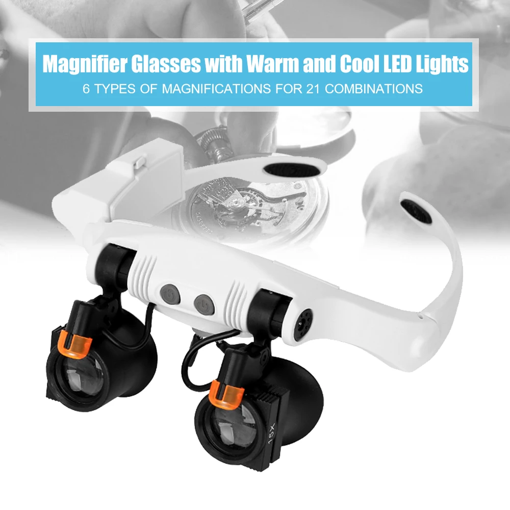 

Headband Magnifier Multiple Magnifications Eye Loupes Eyeglass Style Hands-Free Magnifying Glass with Warm and Cool LED Lights