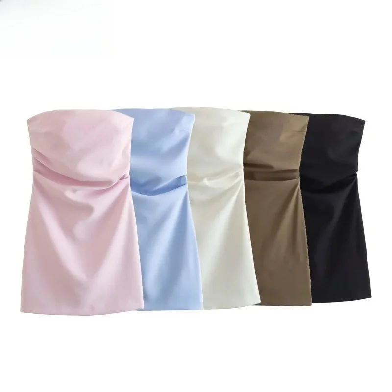 

Women Fashion Sexy Back Zipper Solid Color Pleats Strapless Mini Dress Chic Female Sleeveless Evening Dresses Mujer