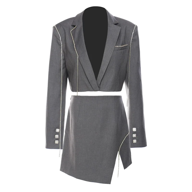 SuperAen 2023 Autumn and Winter Diamond Chain Decoration Short Suit Coat Split Skirt Two-piece Sets for Women