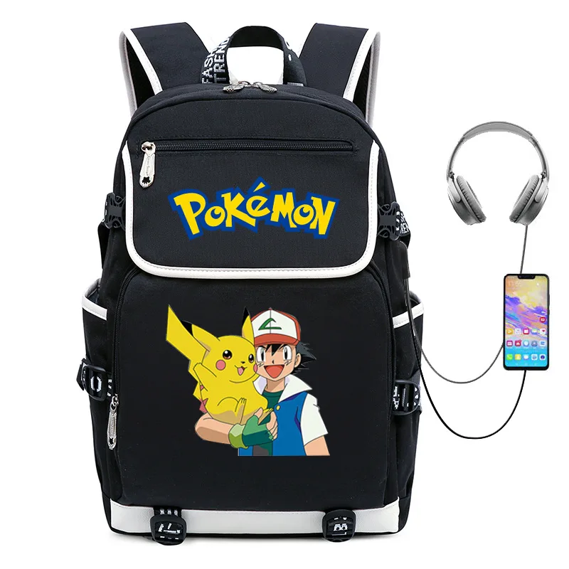 

Рюкзак с принтом Пикачу покемона, дорожный школьный ранец с USB-разъемом для учеников аниме, осветляющая сумка на молнии