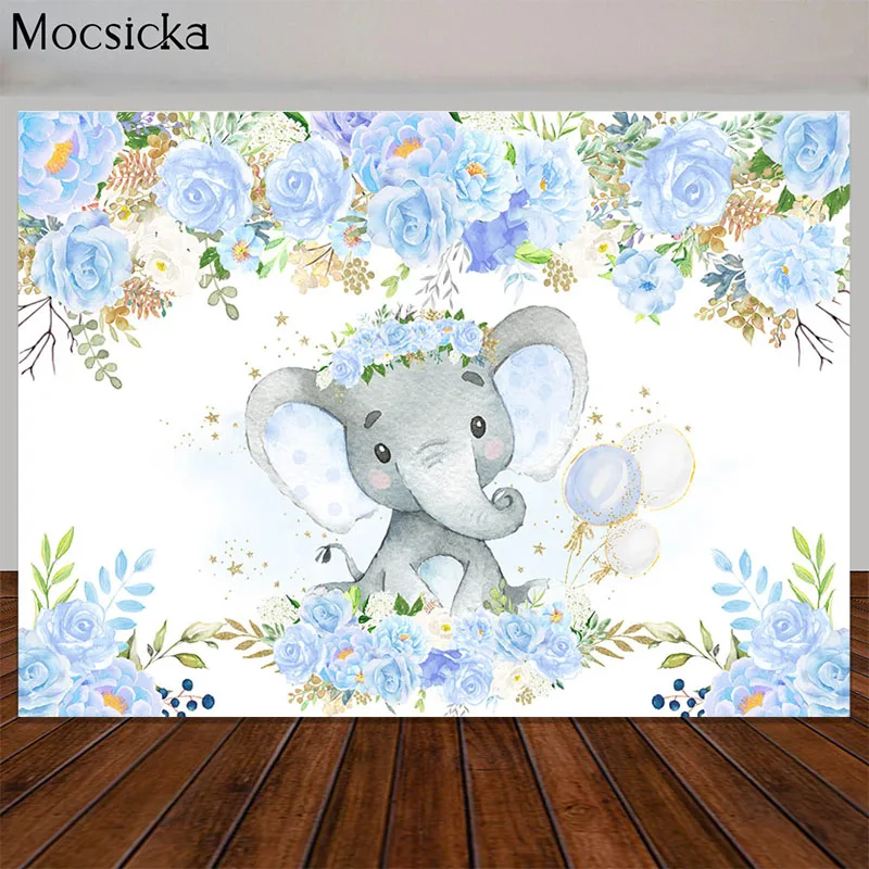 

Фон для фотосъемки с изображением маленького слона для вечеринки в честь Дня рождения мальчика искусственные синие цветы торт стол Баннер ...