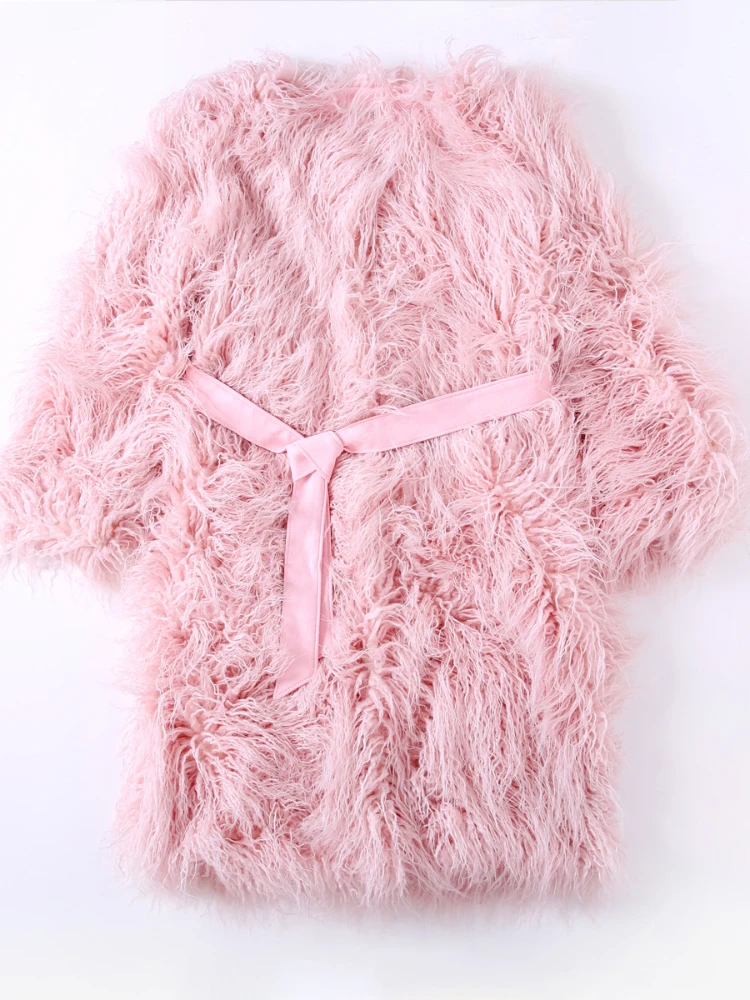 Fashion Faux Wool Fur Pink Coat Women 2022 Elegant Solid Color Imitation Fur Lamb Long Coat with Belt Ladies Office Outwear