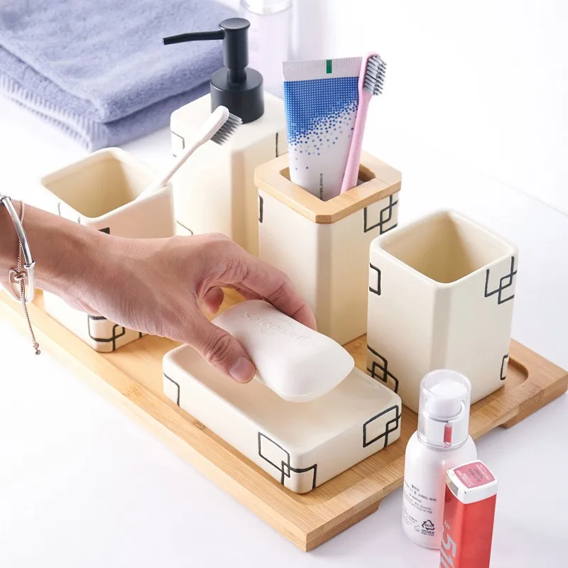 

Light Luxury Bathroom Toiletry Set Ceramics Soap Dish Toothbrush Holder Mouth Cup Liquid Soap Dispenser Five Piece Set Wash Set