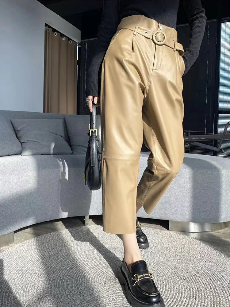 Leather Pants Women 2022 Trendy European Fashion Female Thin Belt Nappa Trousers Mujer Matt Smoke Pipe Streetwear Beige Pantalon