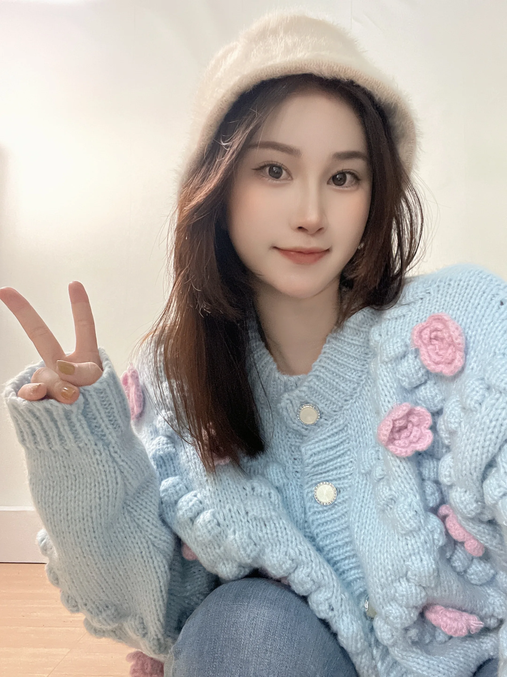 

Autumn Cropped Cardigan Women O-neck 3D Crochet Flower Sweet Sueter Mujer Casual Fashion Knitwear Tops Pull Femme Sweater Tops