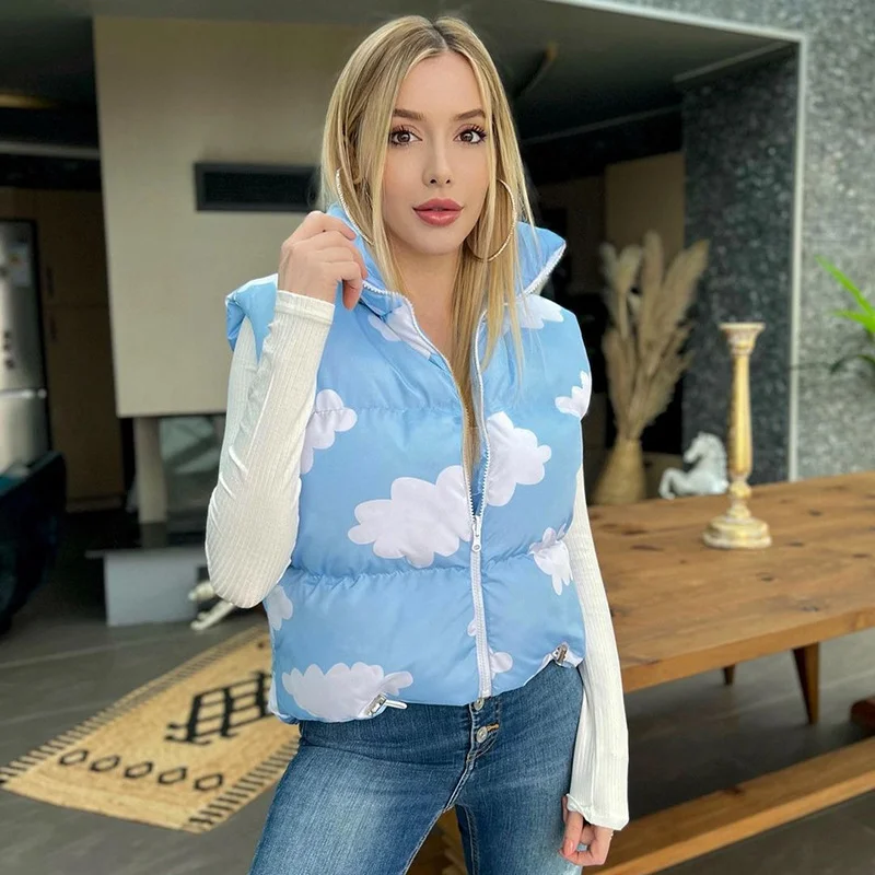 2022 Autumn Winter Women Loose Vest Stand Collar Cloud Print Sweet Vest Jacket Padded Coat Sleeveless Warm Waistcoat Vests
