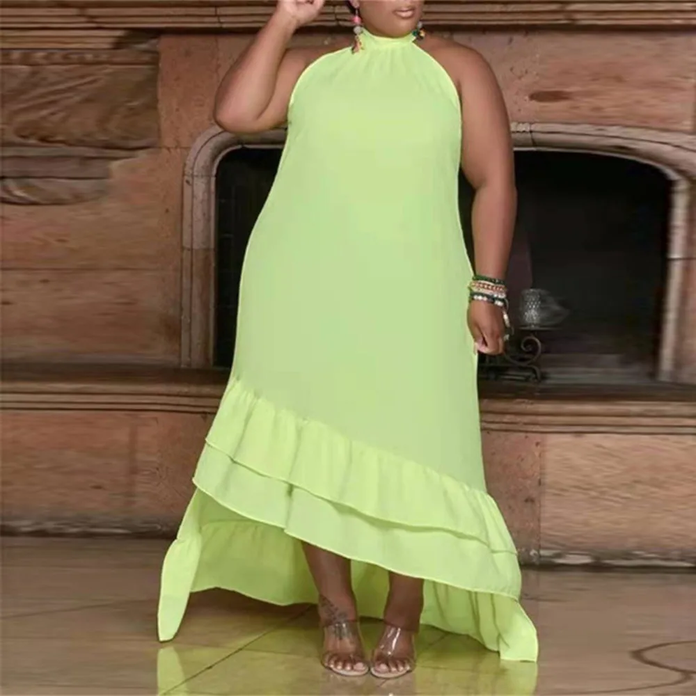 Plus Size Solid Large Women's Commuter Long Dress Women's Dress Round Neck Printed Sleeveless Large Swing Irregular Swing Skirt