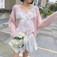 womens sweater v neck open back bow knitted sweater oversized top springautumn sweet cutethin sweet pullover korean style tops