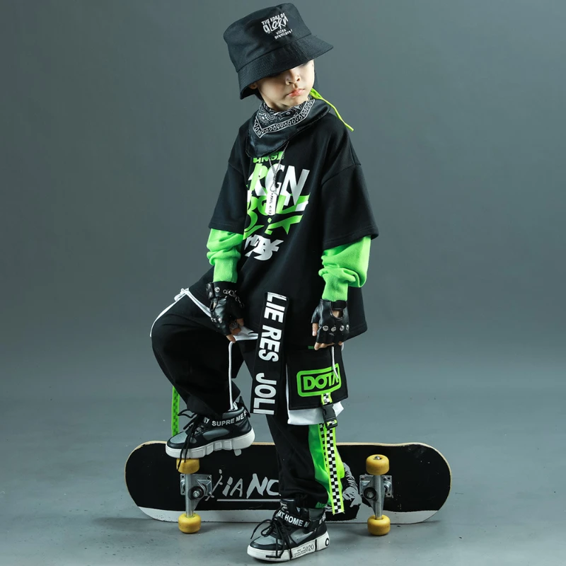 Chłopcy Jesienny Kombinezon Hip Hop Czarny Bluza + Spodnie 2-częściowe Zestawy Nastolatki Dzieci Luźna Odzież Sportowa Stroje 6 8 10 12 14 Y