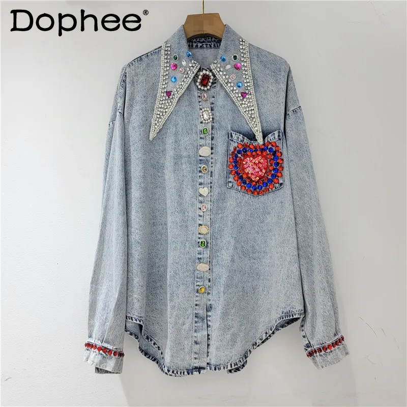 

Heavy Beaded Color Diamond Pointed Collar Denim Blouse Women 2022 New Spring Summer Clothes Loose Button Up Shirt Office Bluasas