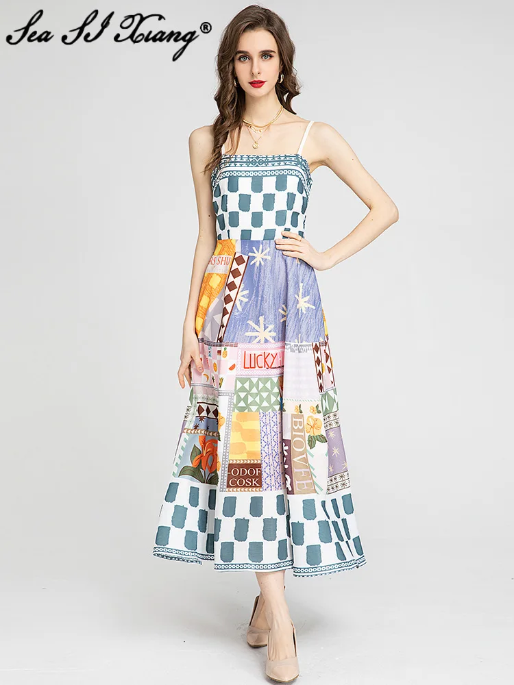 

Seasixiang Fashion Designer Summer Dress Women Spaghetti Strap Sexy Backless Floral Print Bohemian Vacation Long Dresses