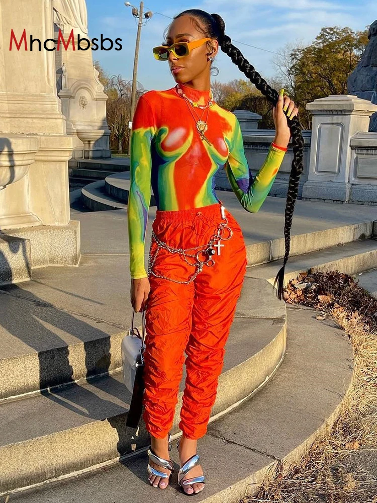 

Женское боди-водолазка с длинным рукавом, облегающий комбидресс с цветным принтом, весна-осень 2022