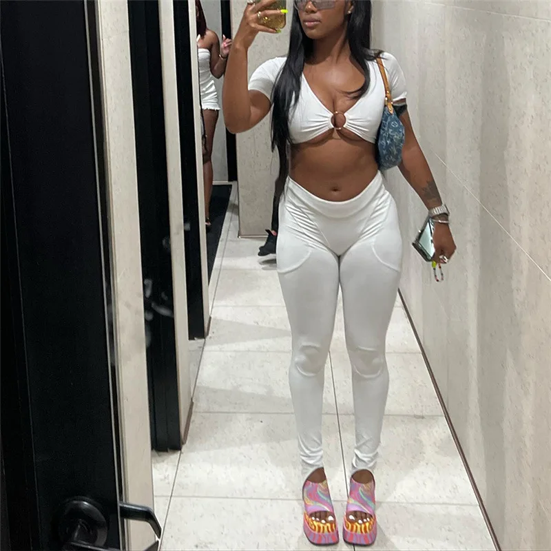 

Spring Summer Sexy Solid 2 Piece Sets Club Outfit For Women 2022 Short Sleeve Crop Top And Pants Sets Female Matching Sets