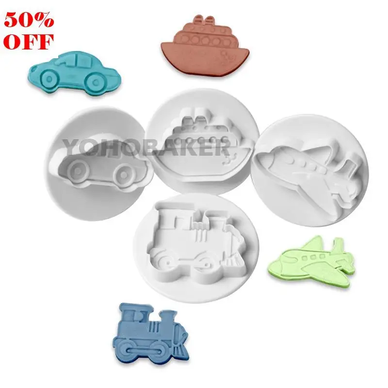 

4Pcs/Set 3D Car Plane Train Vehicle Cookie Cutter Biscuit Mold Baking Hand Stamp Press Plunger Sugarcraft Cookie Fondant Cutters