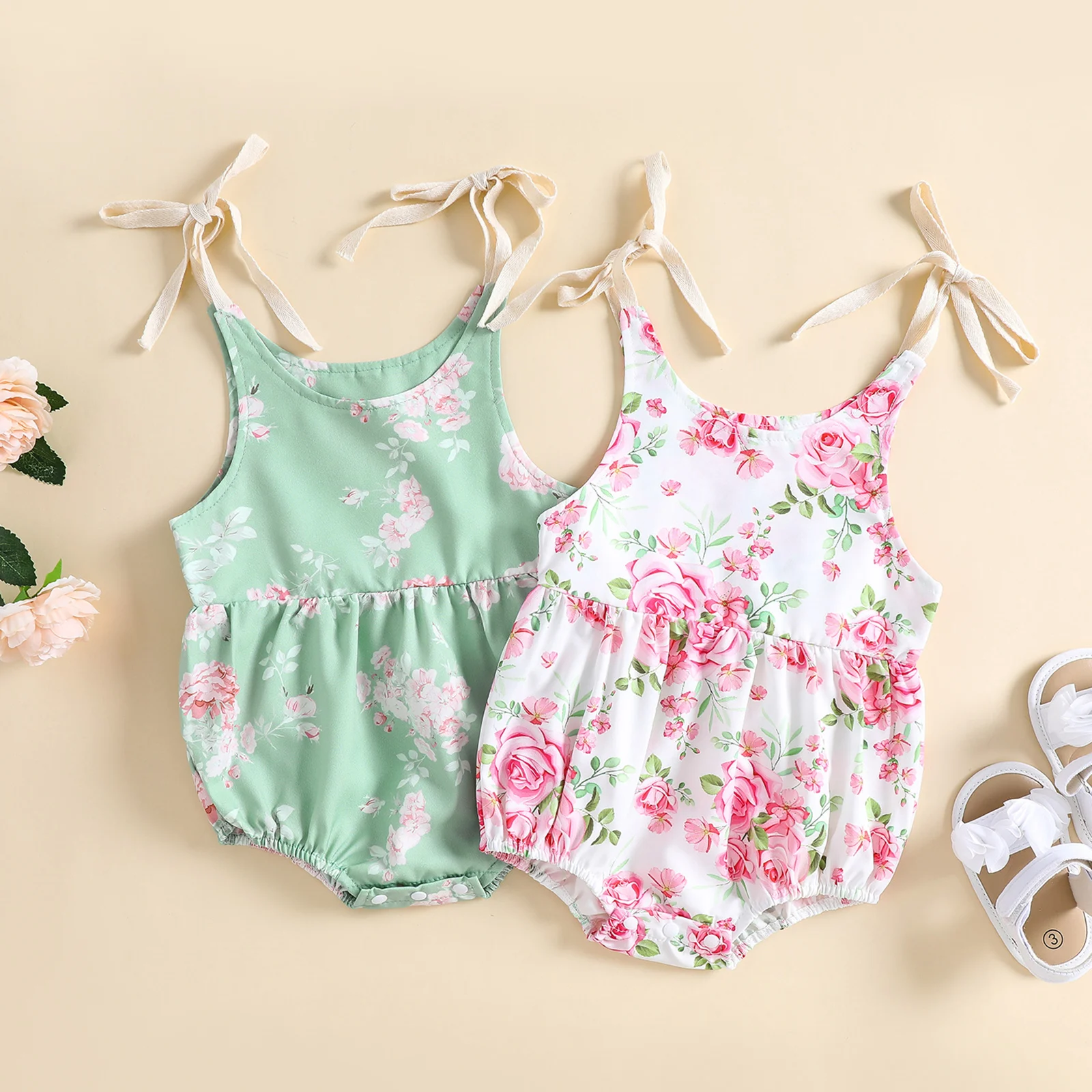 

0-24 Months Baby Girl Summer Jumpsuit Floral Print Bottom Snap Sleeveless Lace-up Rompers Newborn Cute Clothes