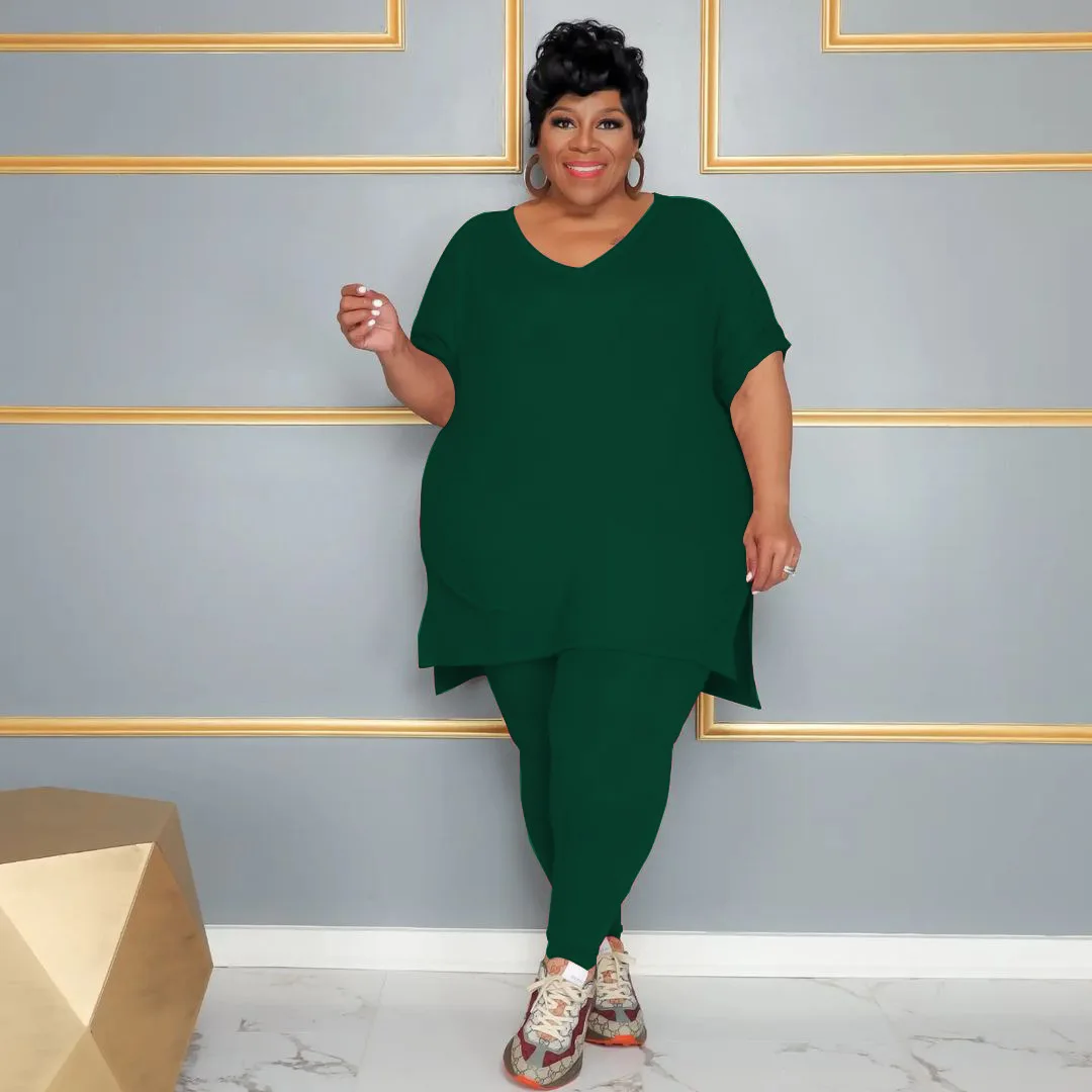 Plus Size Matching Set Solid Long Shirt And Pencil Pant Female Casual Outfit Fashion Two Piece Set 2023 Summer Women's Tracksuit