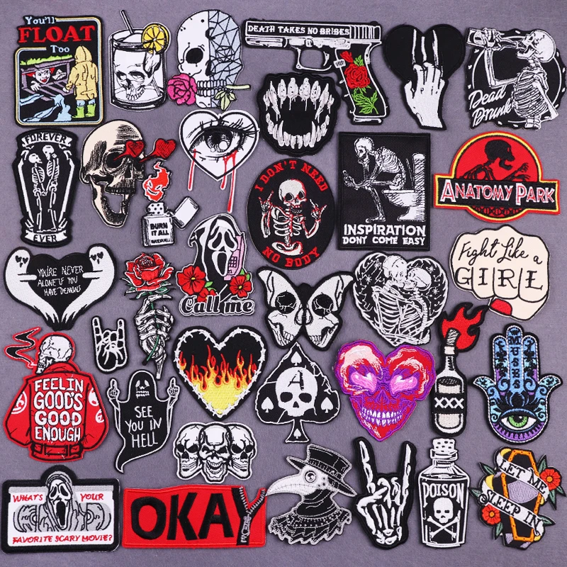 Заплатка с изображением скелета нашивки на одежду в стиле панк черепа полоску