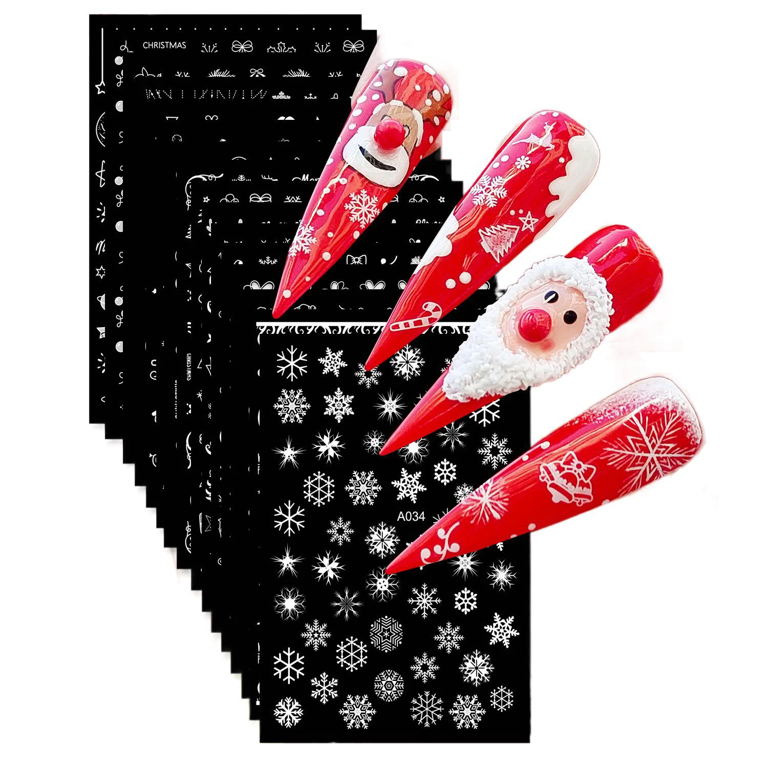 

16 Sheets White Line Drawing Christmas Elements X'mas Tree Snowflake Moon Deer Adhesive Nail Art Stickers Decals Manicure Charms