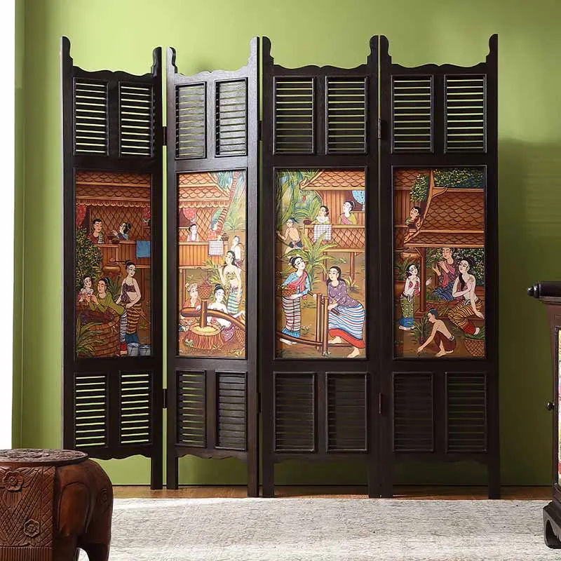 

High quality Thai hand-painted Lanna wood carving four sided double-sided screen Southeast Asia furniture partition Restaurant