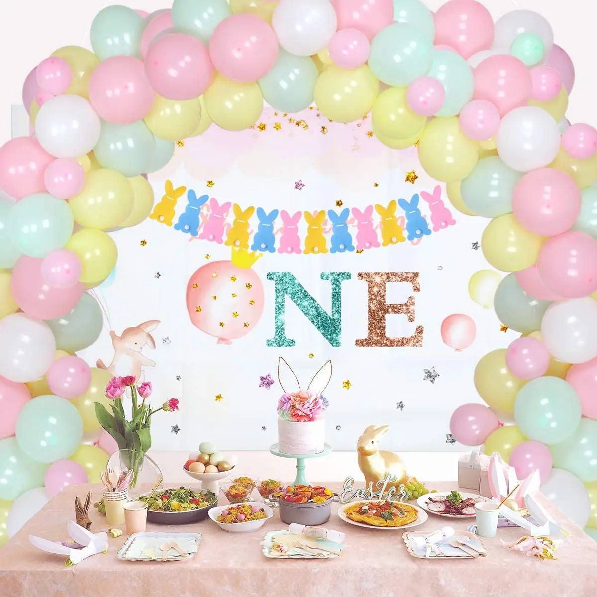 

JOLLYBOOM Some Bunny Is One Balloon Garland Arch Kit with Rabbit Banner Macaron Latex Balloon for Girls 1st Birthday Baby Shower