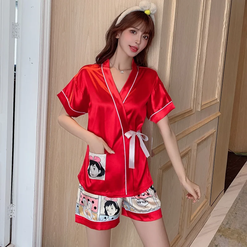 Disney Snow White Silk Pajamas Set for Women Pyjamas Casual Short Sleeve Kimono and Shorts Homewear Ladies Sleepwear Sets 2022