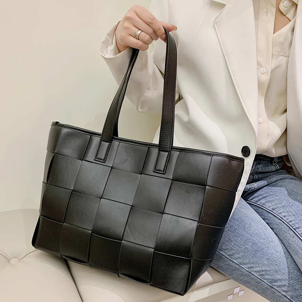 

Bags for Women PU Leather Woven Lattice Top-handle Bag Solid Color Zipper Large Capacity Tote Bag Luxury Brand Designer Handbags