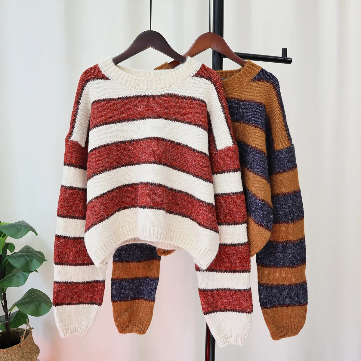 

Hsa Женский Повседневный полосатый свитер 2023 осень зима круглый вырез свободный Harajuku длинный рукав Y2k ленивый стиль пуловеры трикотаж