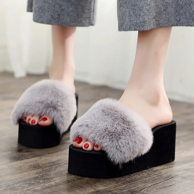 

Ladies Platform Slippers Fur Family Keep Warm High Heel Luxurious Non-slip Solid Color Increase Plush