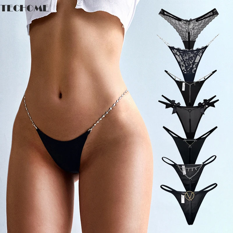 Женские металлические стринги черные хлопковые трусики с V-образным вырезом и