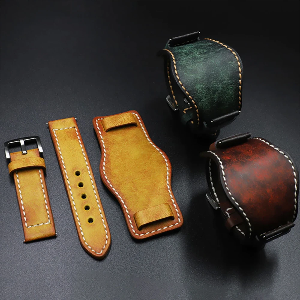 Leather Bund Strap Men's Watch Band 20mm 22mm 24mm Leather Cuff Watch Bracelet Yellow Blue Black Green Red Color Watch Strap