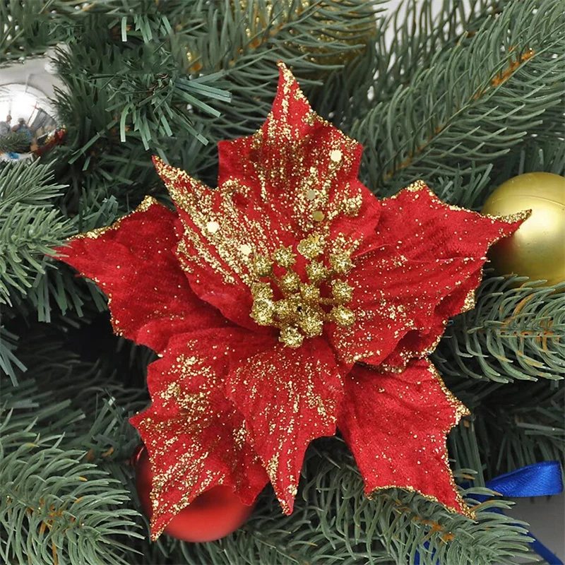 

5/10Pcs Christmas Tree Ornament Wreath Gift Party Decor Home Glitter Poinsettia Artificial Flowers Festival Table Fake Wedding