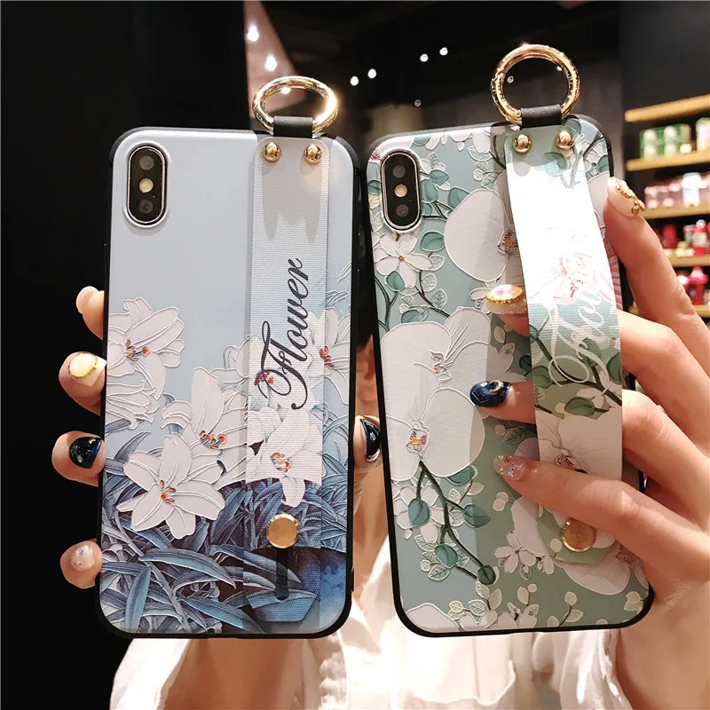 

silicone Flowers Wrist Strap phone Cases For iphone 11 pro MAX X XR XS MAX 7 8 6 6s Plus Cover Hand Band Cases Soft Relief Capa