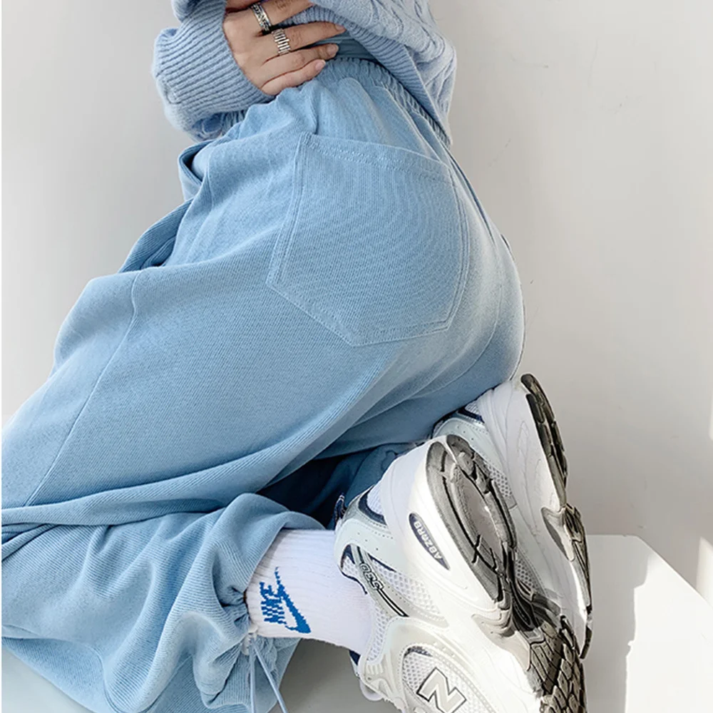 

Pants Women New Fashion Korean Solid Lace Up Stretch Waist Trousers Casual Loose Wide Leg Pants Femme Running Pantalones