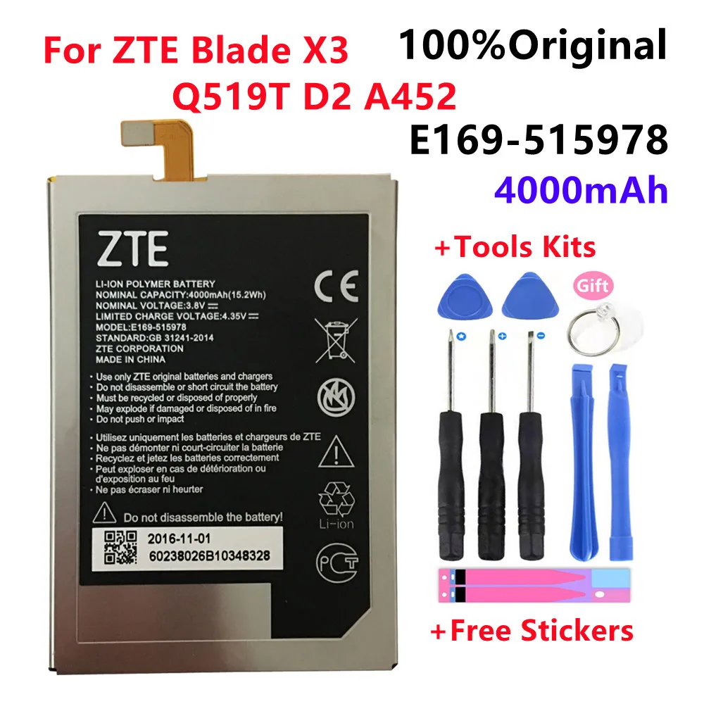 

New Original E169-515978 E169 515978 4000mAh Rechargeable Phone battery For ZTE Blade X3 Q519T D2 A452 Smart Mobile Phone