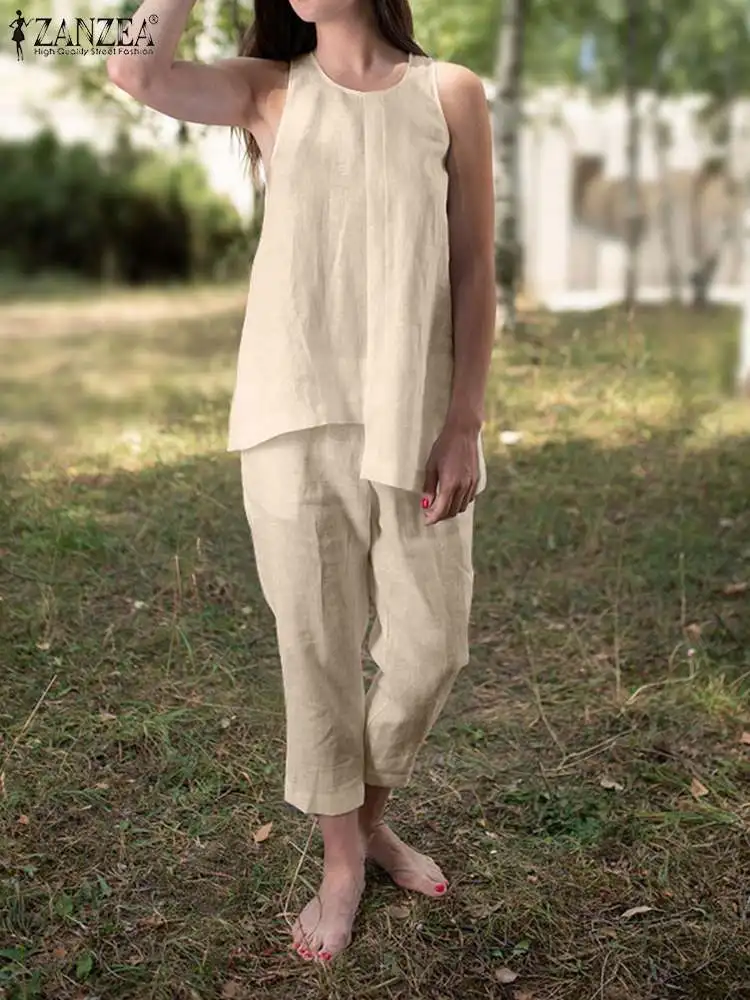 

Комплект спортивной одежды ZANZEA женский из 2 предметов, модный летний однотонный топ без рукавов и штаны, Свободная Домашняя одежда, хлопковы...