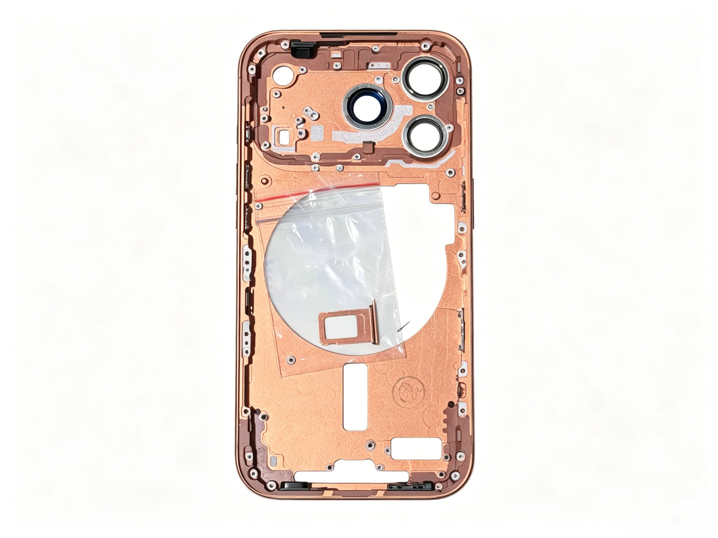Фото Сменная средняя рамка для iPhone 17 Pro с кнопкой камеры, клавиатурой, разъемом для зарядки, сетчатой сеткой, застежкой и сапфировым стеклом камеры №1