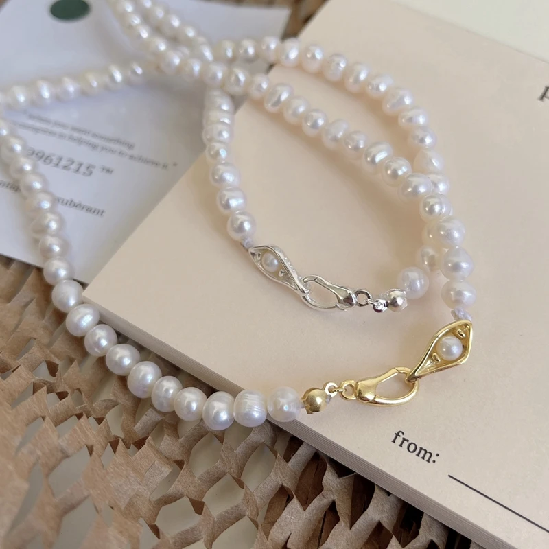 Silvology Real 925 Sterling Silver Natural Freshwater Pearl Choker Necklace for Women Elegant Clavicle Necklace Simple Jewelry