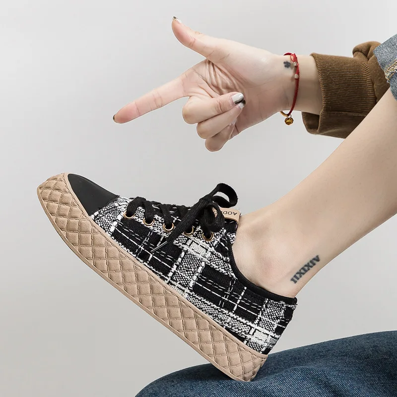 Кеды женские клетчатые в стиле ретро холщовые кроссовки на толстой подошве