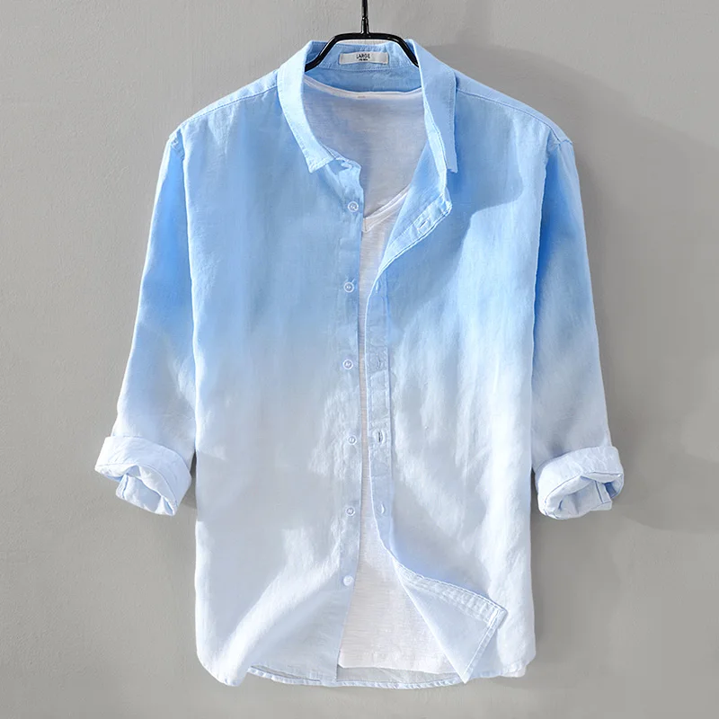 

New summer men's linen shirt men brand three-quarter sleeve shirt gradient blue shirts male casual camisa longsleeve shirt