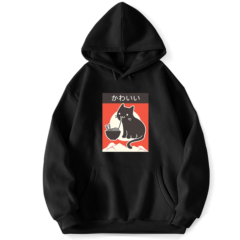 Kawaii Vintage Style  Ramen Cat Sweatshirts Men Hoodie Hoodies Trapstar Pullovers Jumper Hooded Pocket Autumn Sweatshirt