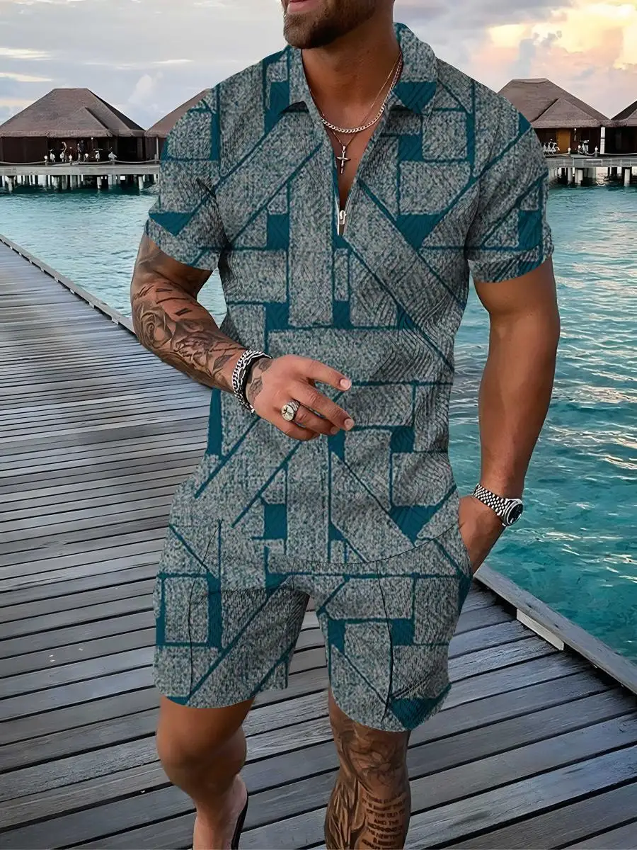 

Летняя рубашка поло на молнии, Повседневная футболка с лацканами и шорты, Мужская одежда, новинка, мужской комплект из 2 предметов