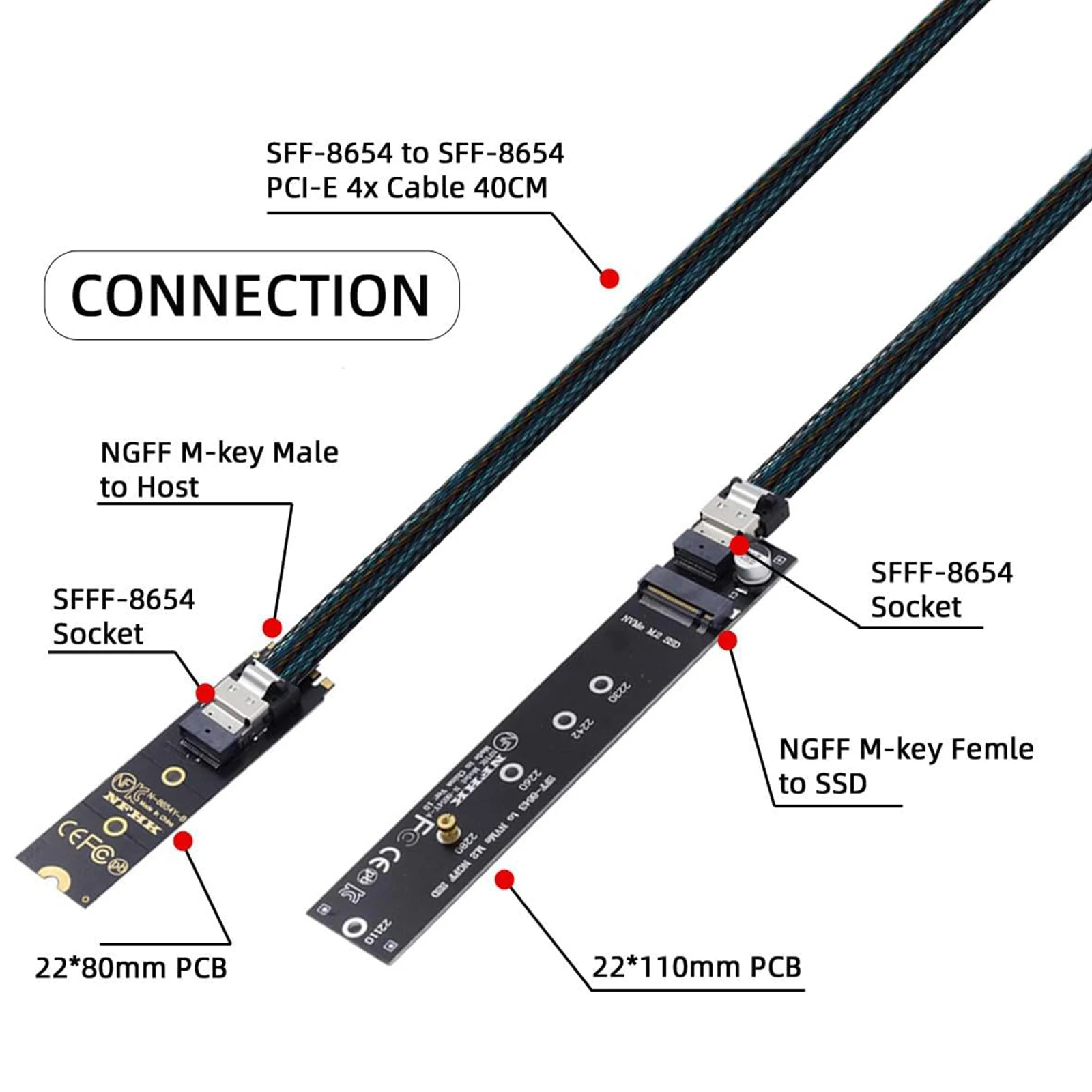 Фото Кабель-удлинитель NGFF M.2 NVME M-Key SSD (штекер-гнездо) 40 см с адаптером SFF-8654 для материнской платы SSD 2280/22110-A79U №3