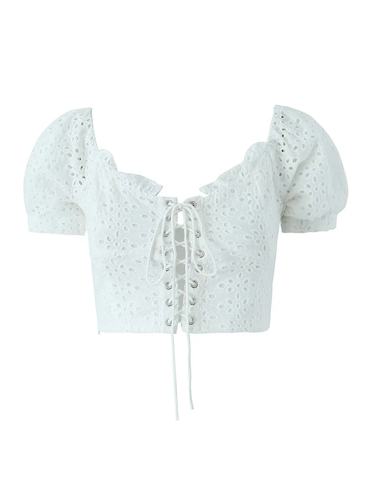 

YENKYE 2023 Women Front Lace Up Bandage Hollow Embroidery White Tops Vintage Puff Sleeve V Neck Ladies Summer Tees Sexy Crop Top