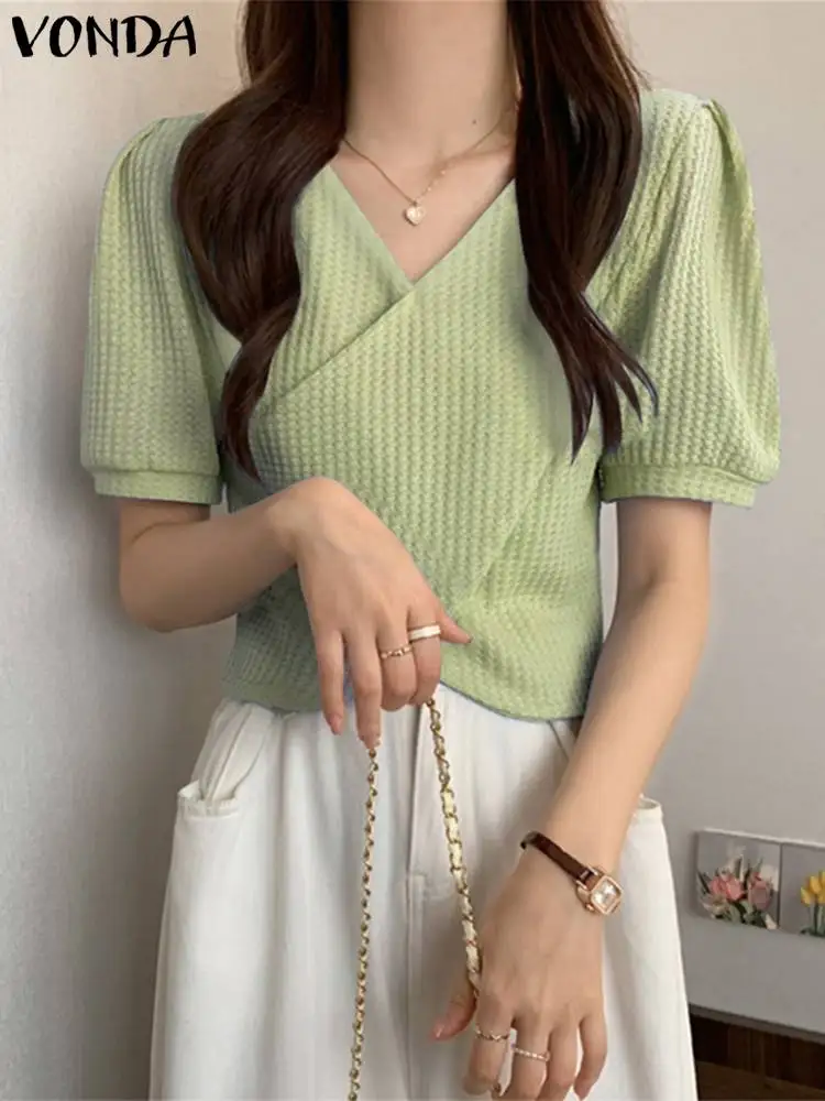 

V Neck Shirts 2023 VONDA Elegant Lady Office Shirts Women Sexy Solid Color Summer Tops Fashion Casual Puff Sleeve Blouse Fashion
