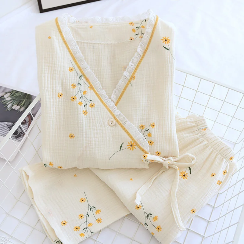 

Fdfklak 2022 Spring Crepe Kimono Long Sleeve Home Clothes Female Sleepwear Gauze Cotton V-Neck Home Suit Women's Pajama
