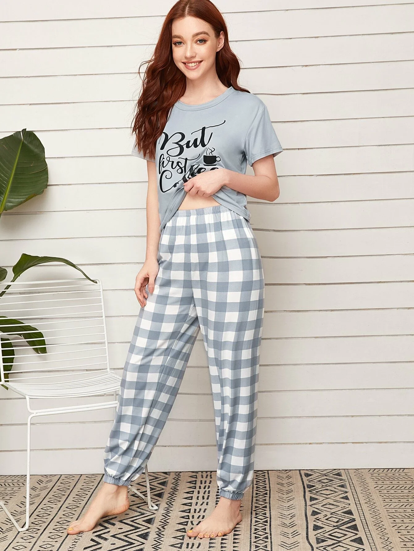 

Slogan Graphic Tee With Buffalo Plaid Pants PJ Set